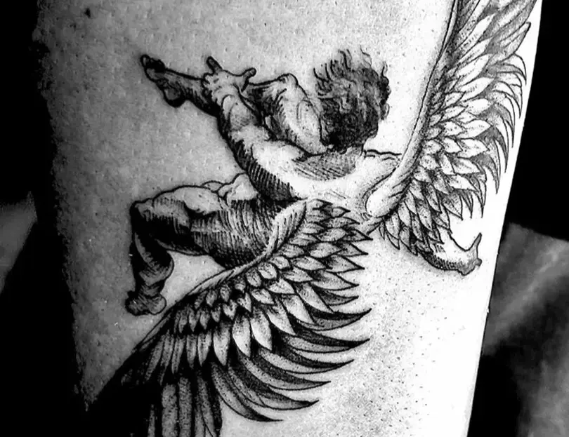 Icarus falling down fine line black and white tattoo