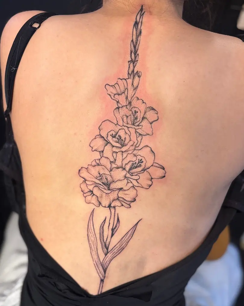 Large vertical black outline tattoo of a Gladiolus flower stalk with multiple blossoms and leaves running down the center of a client's back/spine.